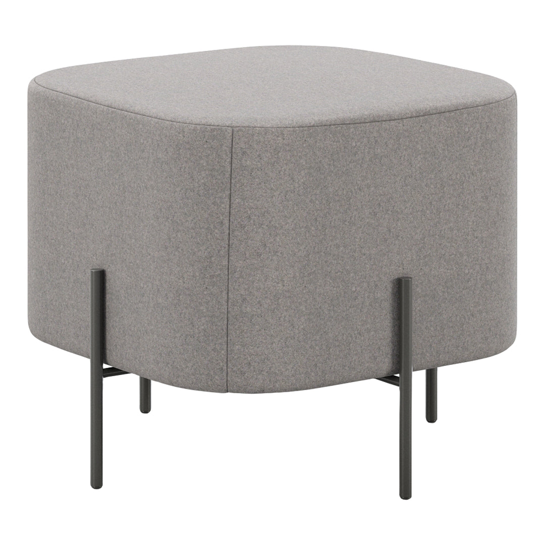 Gray upholstered ottoman with sleek black metal legs and a minimalist design.