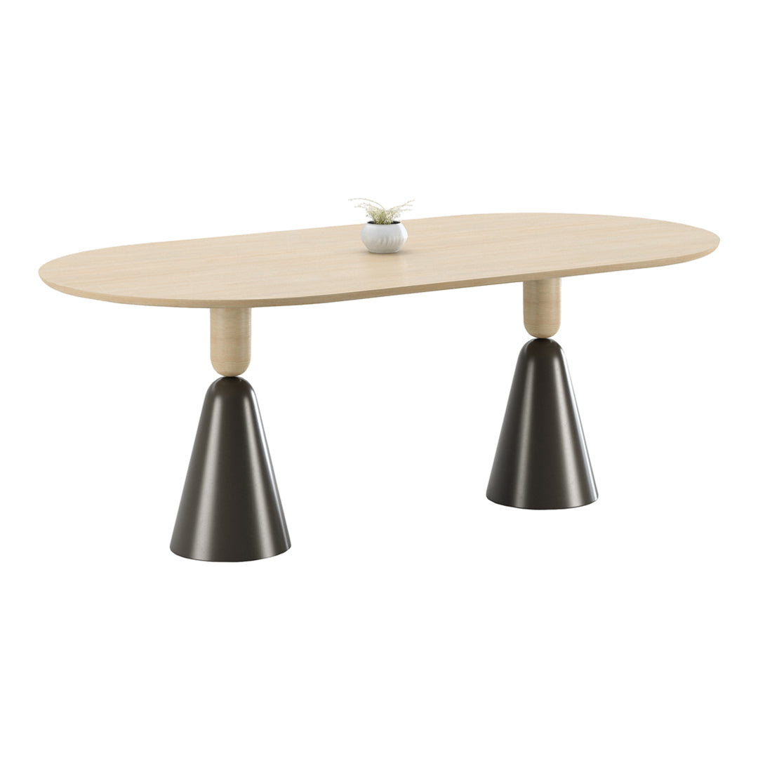 Light wood oval table with black cone-shaped legs and a minimalistic floral centerpiece. Modern and stylish design.