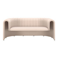 Beige curved sofa with ribbed detailing and smooth, modern lines, perfect for contemporary spaces.