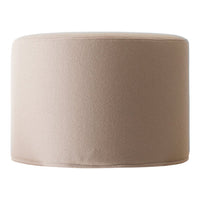 Round, soft ottoman in a warm beige fabric, showcasing a smooth, solid texture for versatile home decor.
