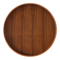 Round wooden tray featuring warm, rich brown tones with a subtle wood grain pattern. Perfect for decor or serving.