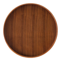 Round wooden tray featuring rich, warm brown tones and a smooth, polished wood grain pattern.