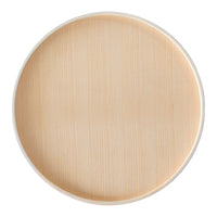 Natural wood grain design on a round plate with a smooth beige finish and subtle striped pattern.