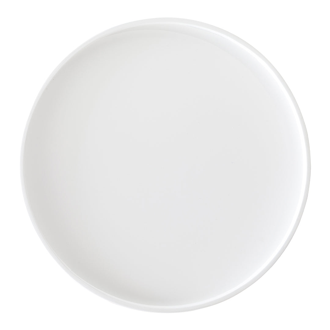 Plain white round plate with a smooth, glossy finish and subtle rim detail. Ideal for modern dining settings.