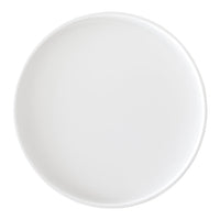 Plain white round plate with a smooth, glossy finish and subtle rim detail. Ideal for modern dining settings.