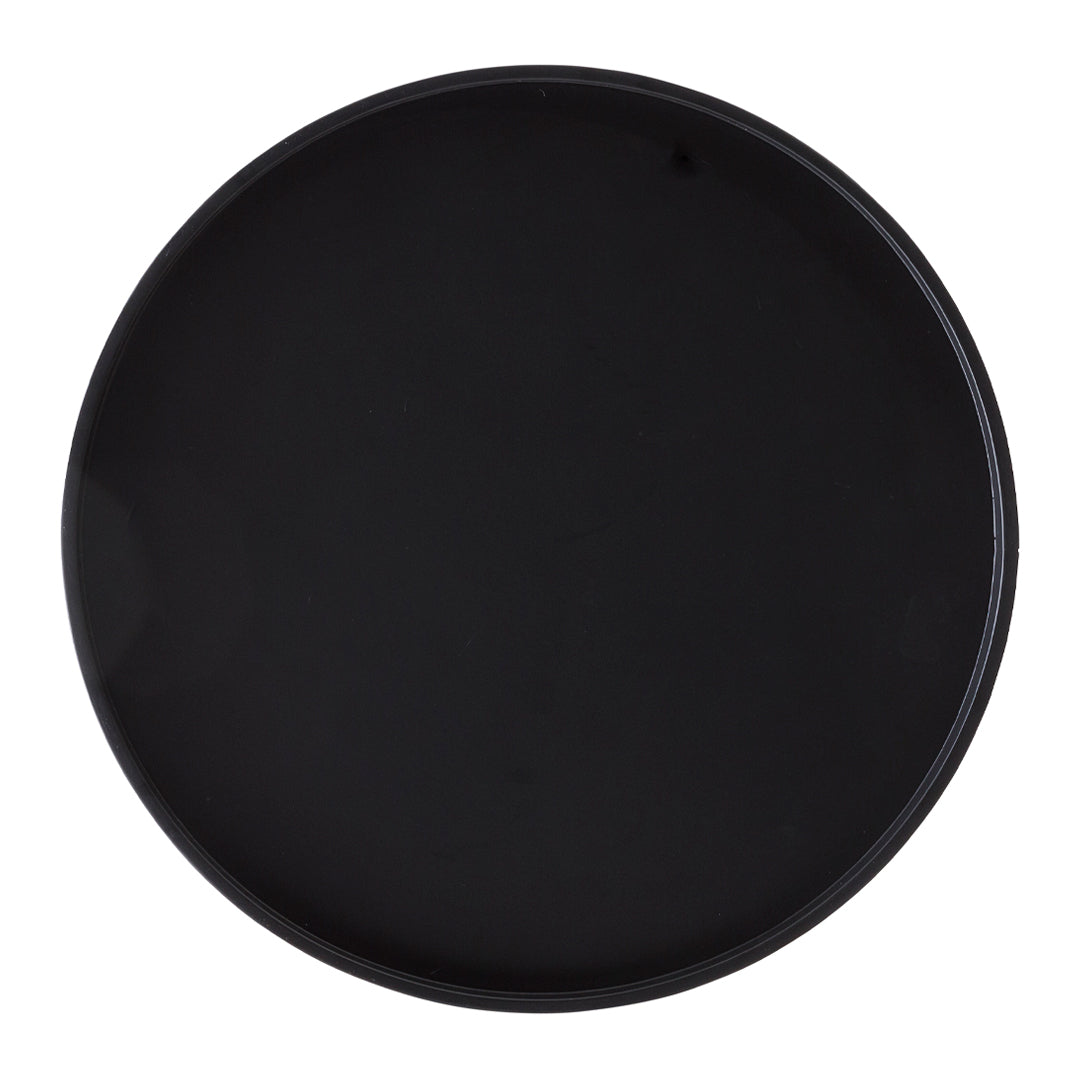 Glossy black round plate with a smooth, sleek surface, perfect for modern dining settings.