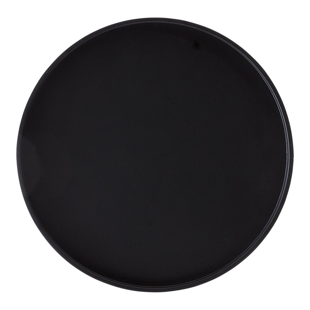 Solid black round plate with a sleek, minimalist design, perfect for modern dining aesthetics.
