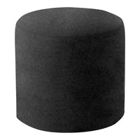 Black cylindrical ottoman with a smooth, textured fabric finish, perfect for modern home decor.