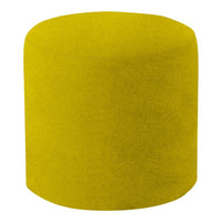 Bright yellow cylindrical pouf with a smooth, solid texture, perfect for modern decor. Ideal accent piece for any room.