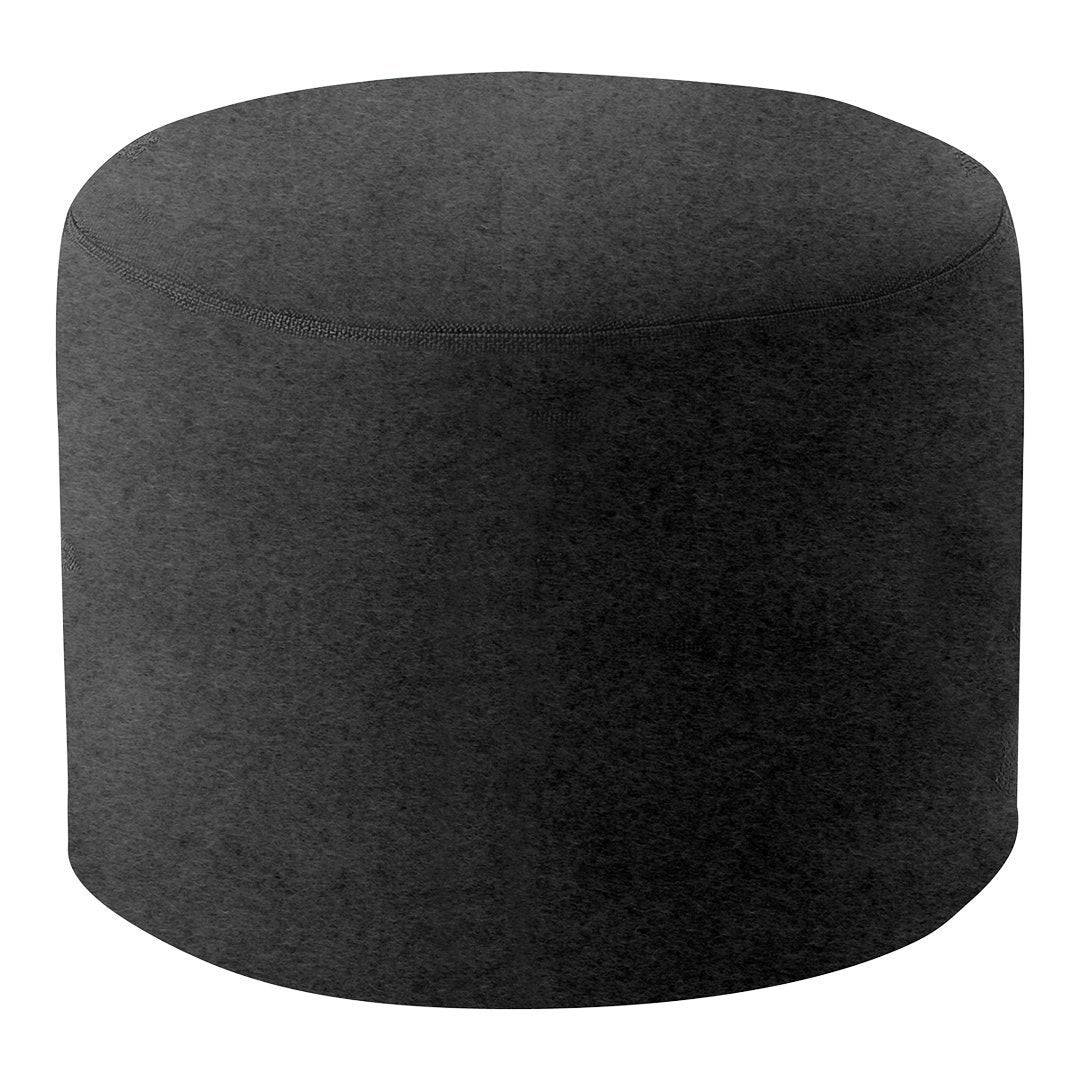 Round black upholstered ottoman, sleek and minimalist design, perfect for modern decor accents.