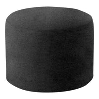 Round black upholstered ottoman, sleek and minimalist design, perfect for modern decor accents.