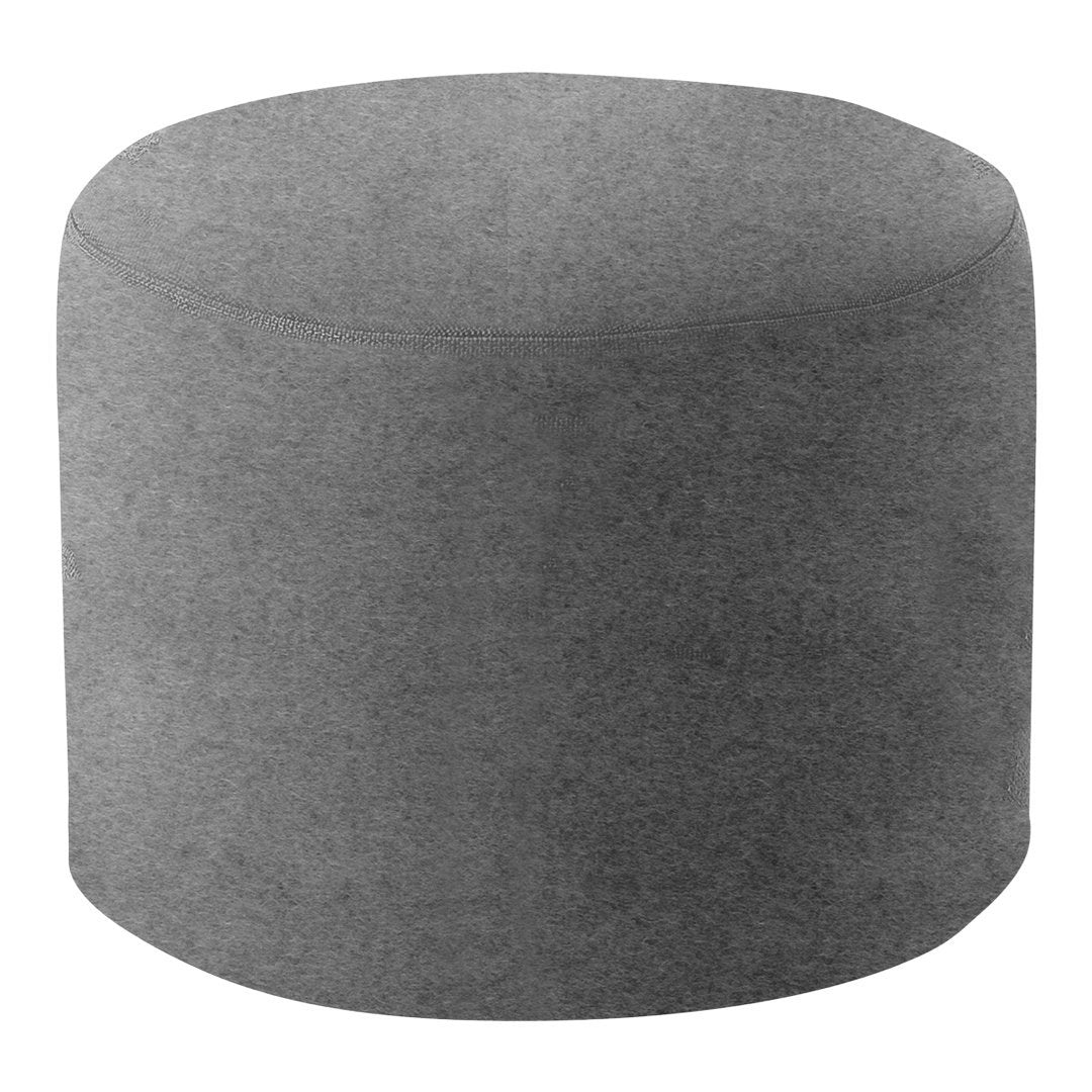 Round gray ottoman with a smooth, minimalist design, perfect for modern decor. 