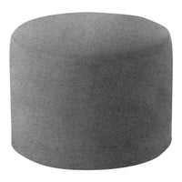 Round gray ottoman with a smooth, minimalist design, perfect for modern decor. 