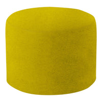 Bright yellow round ottoman with a soft, textured fabric finish. Perfect for modern home decor.