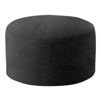 Gray round ottoman with a smooth, minimalist design and soft texture, perfect for modern decor.