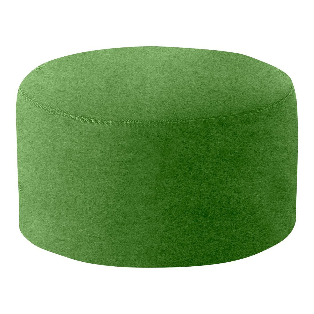 Green round ottoman with a smooth, uniform surface, perfect for adding a pop of color to any space.