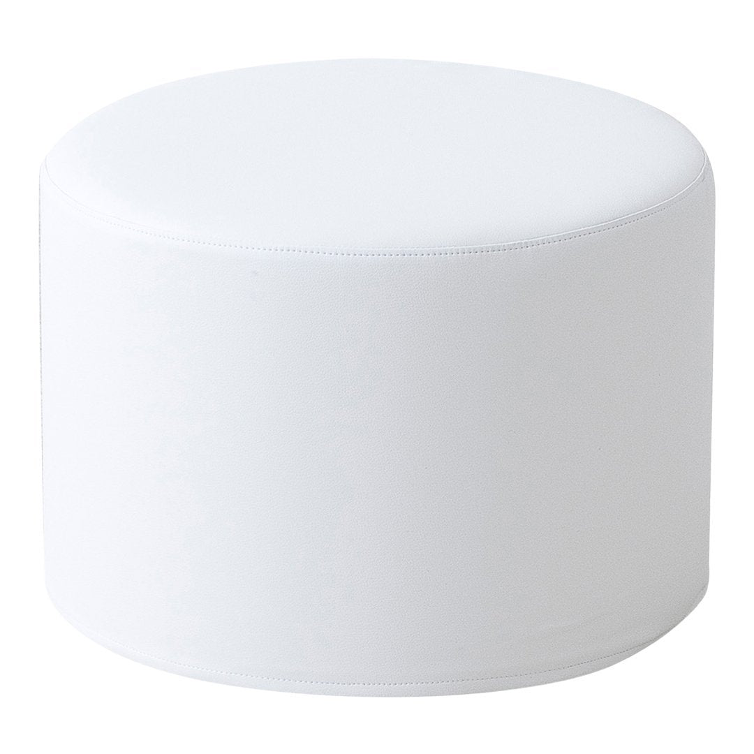 White round ottoman with a smooth, minimalist design, perfect for modern decor.
