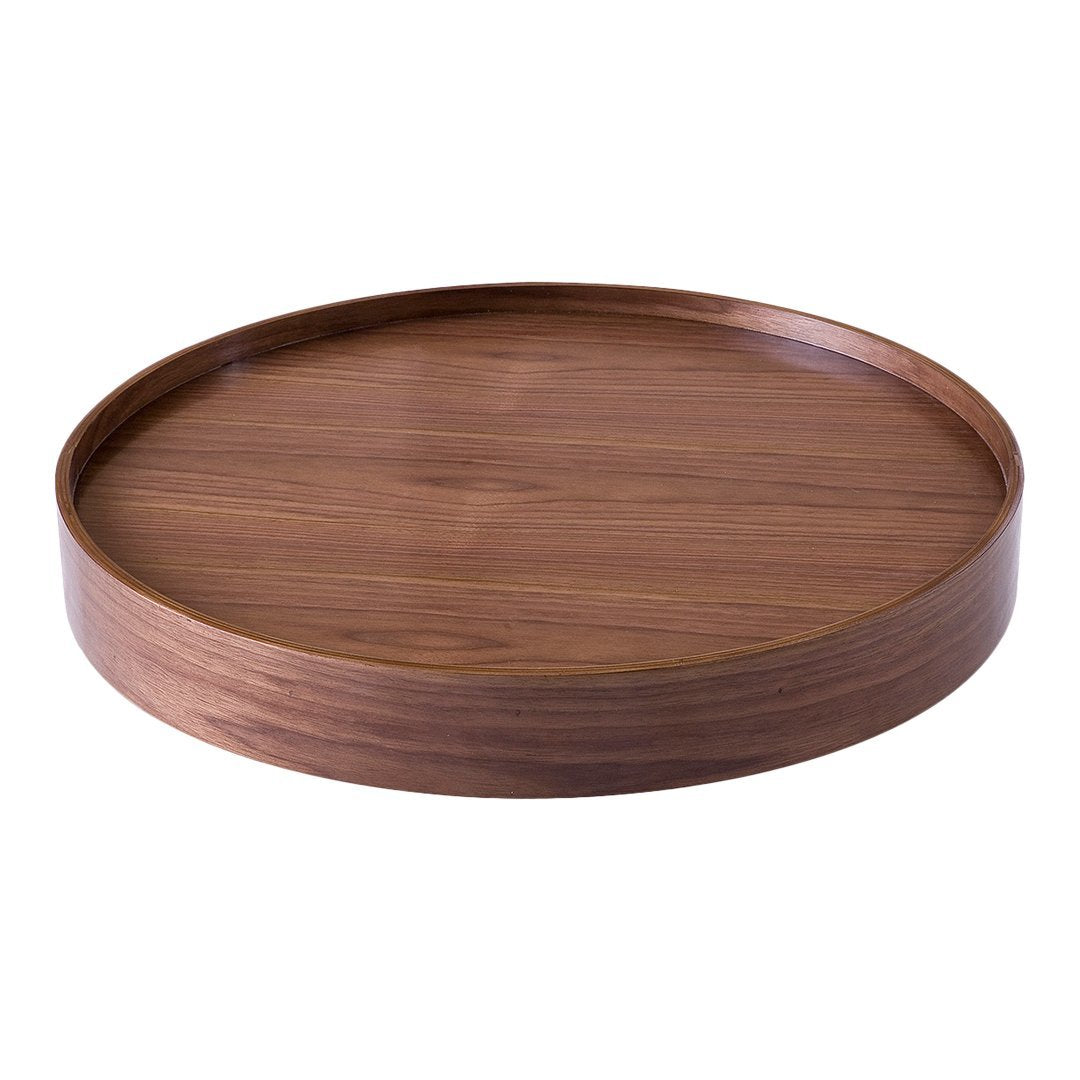 Round wooden tray in rich brown tones with a smooth, minimalist design. Elegant finish enhances any decor.