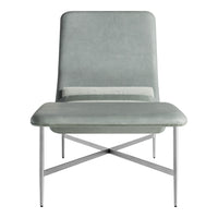 Light gray modern lounge chair with a sleek, minimalist design and contrasting silver metal legs.