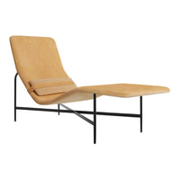 Stylish beige lounge chair with a minimalist design and smooth, matte texture, set on a sleek black frame.