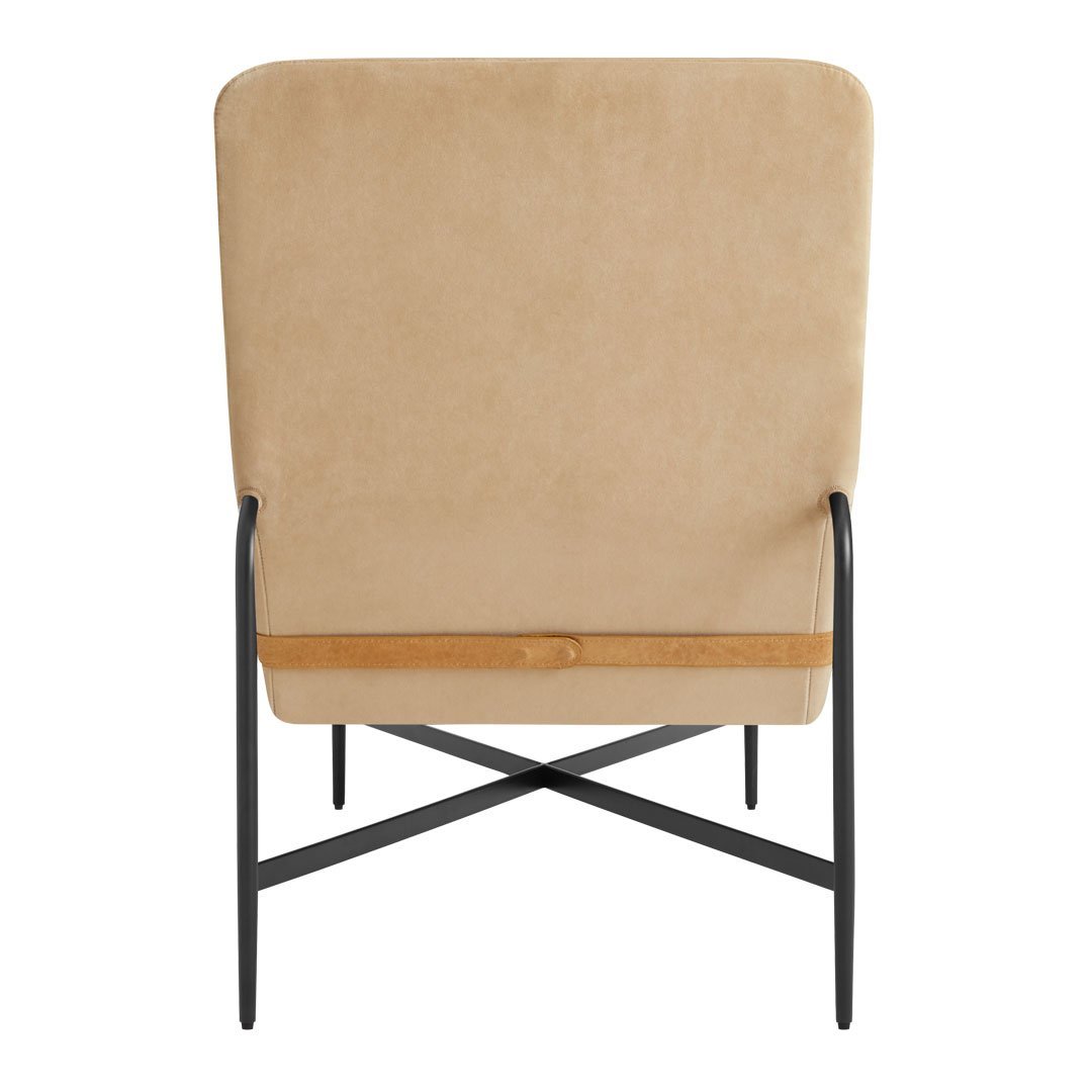 Beige upholstered chair with sleek black metal legs and minimalistic design, showcasing a modern and stylish look.