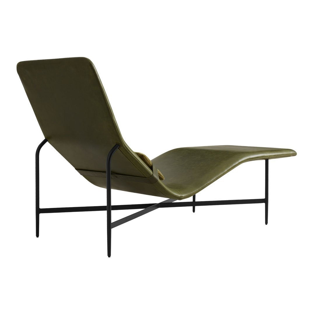 Olive green lounge chair with a sleek black metal frame and minimalist design.