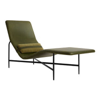 Olive green lounge chair with a sleek, modern design and subtle striped cushion, set on a black metal frame.