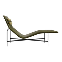 Stylish olive green chaise lounge with a smooth, curved design and minimalist black metal frame.