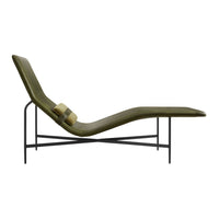 Olive green chaise lounge with sleek, modern design and black metal frame, perfect for stylish outdoor seating.