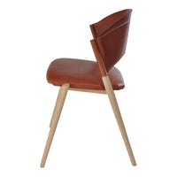 Modern side chair with a warm brown leather seat and natural wooden legs, featuring clean lines and a minimalist design.