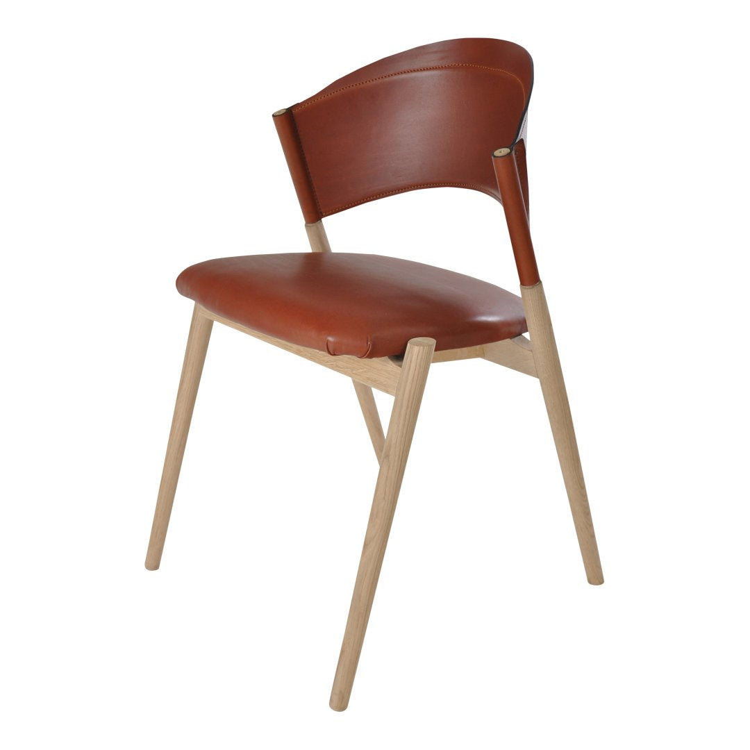 Brown leather dining chair with a smooth finish and natural wood legs, featuring a sleek, modern design.