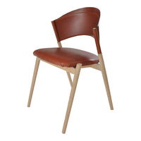Brown leather dining chair with a smooth finish and natural wood legs, featuring a sleek, modern design.