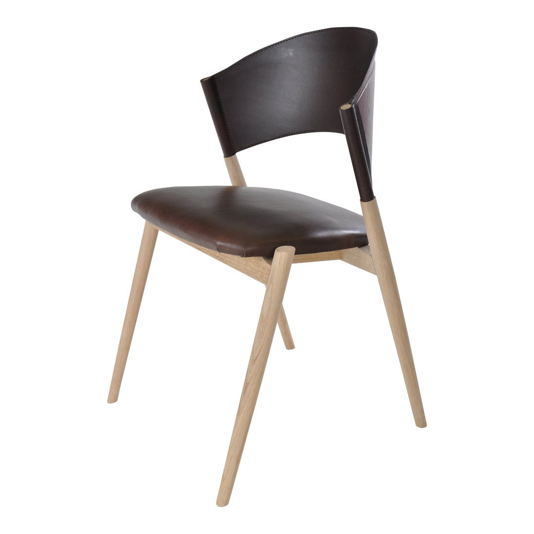 Modern chair featuring a dark brown seat and backrest with light wooden legs, showcasing a sleek, minimalist design.
