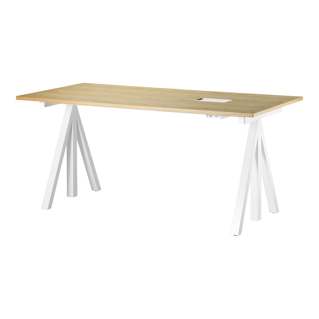 Natural wood tabletop with light oak finish and sleek white angular legs. Modern design for contemporary spaces.