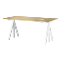 Natural wood tabletop with light oak finish and sleek white angular legs. Modern design for contemporary spaces.