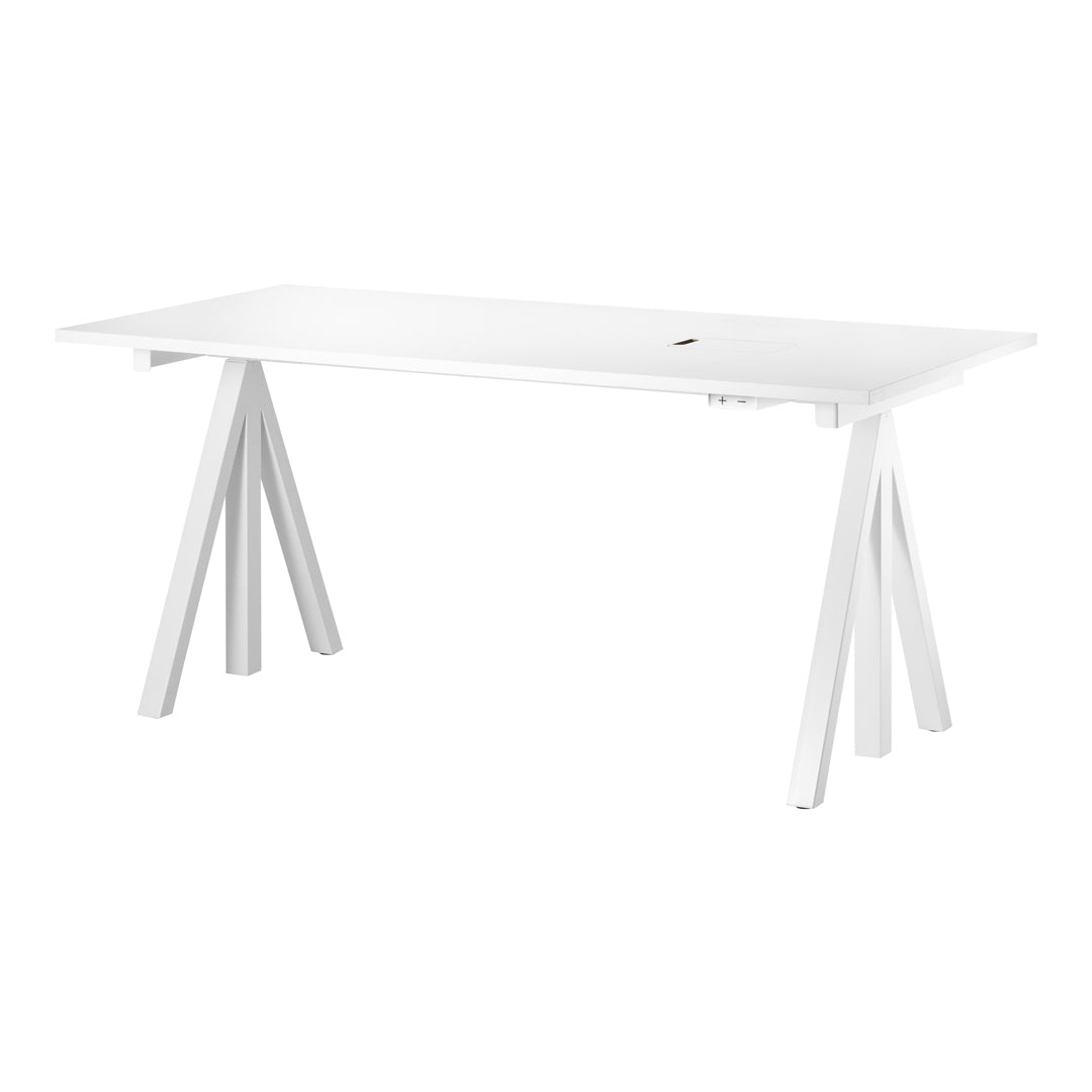 Sleek white desk with a smooth surface and minimalist design, featuring wooden legs in a modern angled pattern.