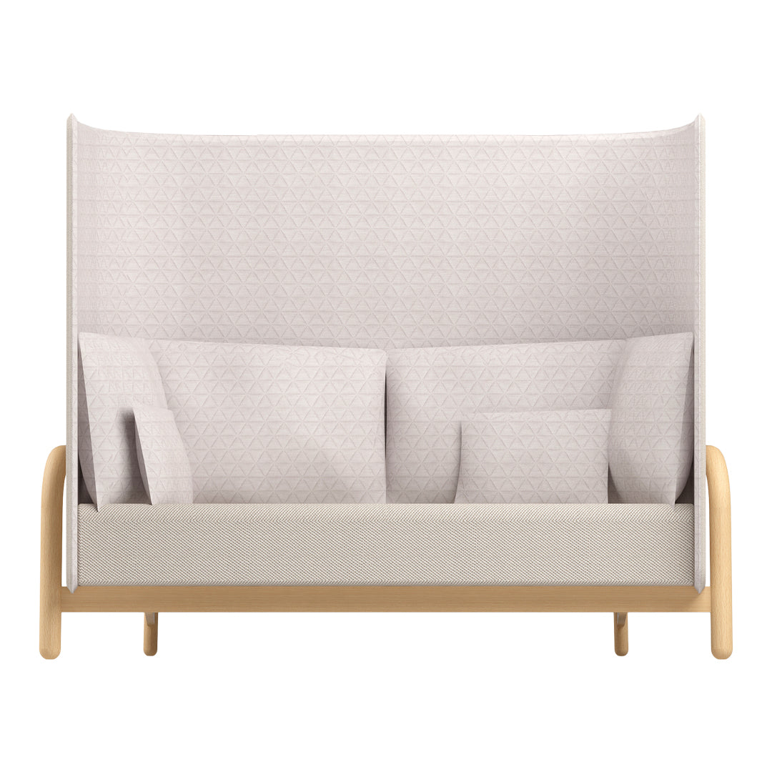 Light gray sofa with a geometric triangular pattern; soft beige cushions and wooden frame add a warm touch.