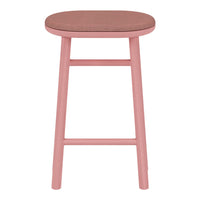 Pink wooden stool with a brown patterned seat, perfect for modern interiors.