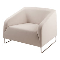 Modern beige armchair with smooth upholstery and sleek silver metal legs, perfect for minimalist decor.