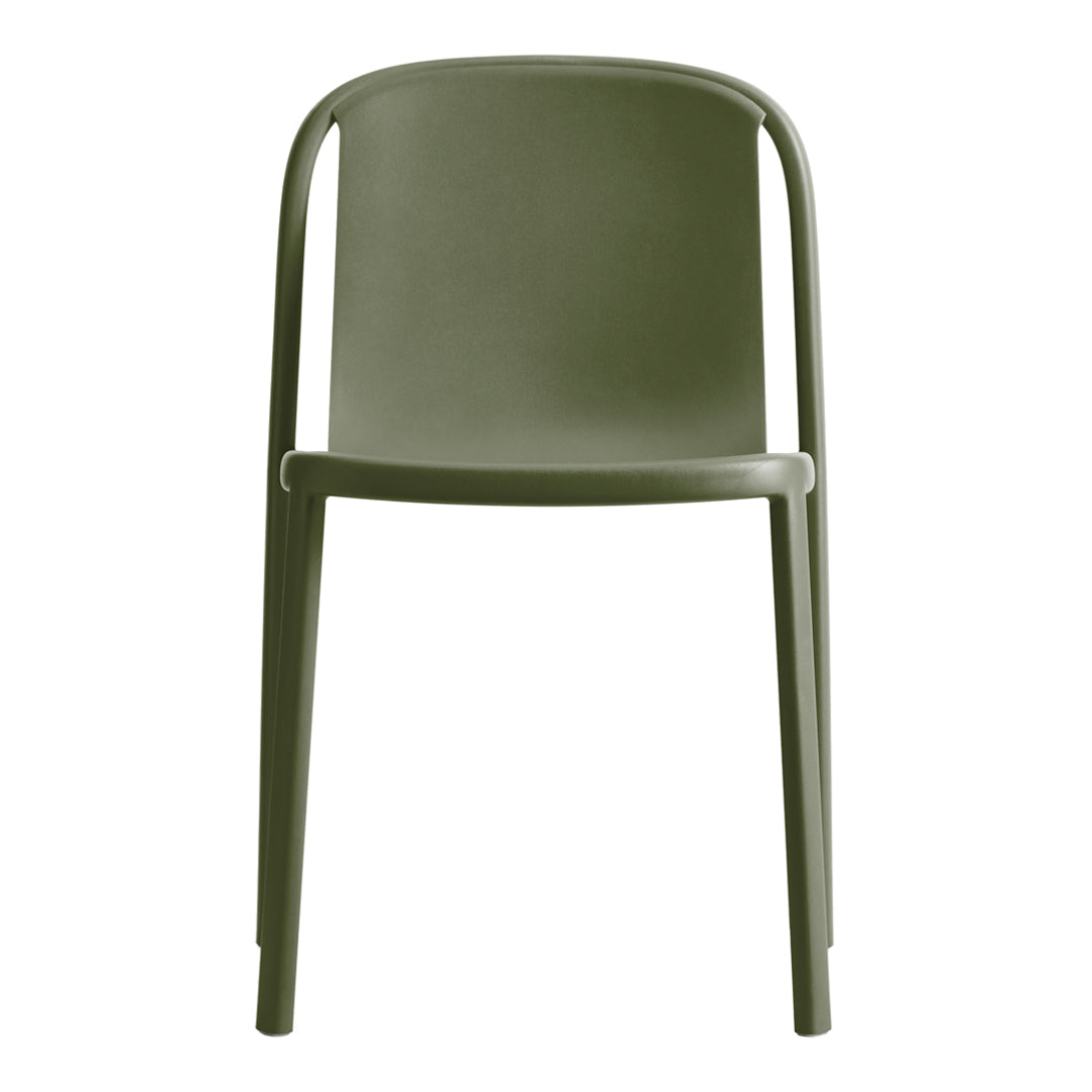 Olive green modern chair with a sleek, minimalist design and smooth, solid finish. Perfect for contemporary spaces.