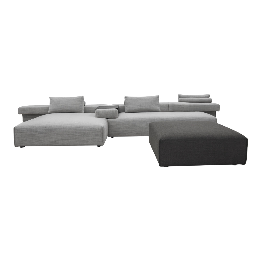Gray sectional sofa with contrasting light and dark tones, featuring a smooth, textured fabric. Perfect for modern decor.