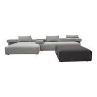 Gray sectional sofa with contrasting light and dark tones, featuring a smooth, textured fabric. Perfect for modern decor.