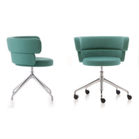 Teal upholstered office chair with modern curved back design, featuring a sleek chrome base and rolling wheels.