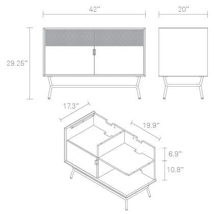 Modern geometric cabinet design featuring a light gray finish with a contrasting dark gray patterned top.