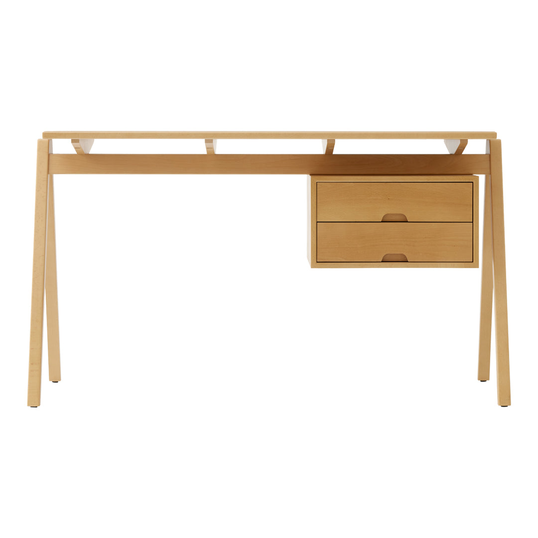 Light wooden desk with a natural finish and minimalist design, featuring a sleek drawer and clean lines.