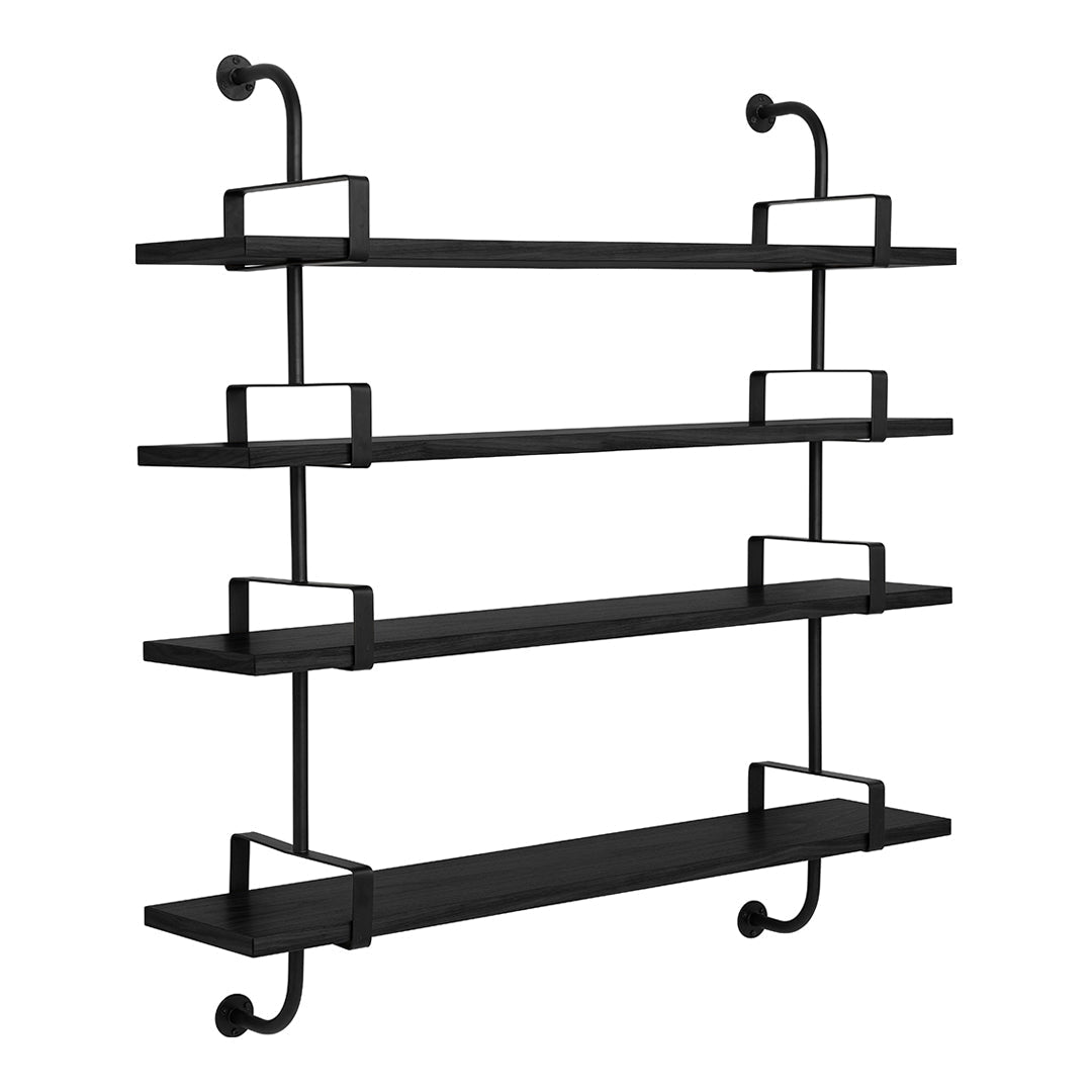 Black metal wall shelf with four horizontal shelves and curved supports, showcasing a minimalist design.