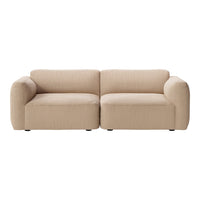 Beige modern fabric sofa with a smooth texture and rounded arms, featuring a minimalist design. Perfect for any living space.