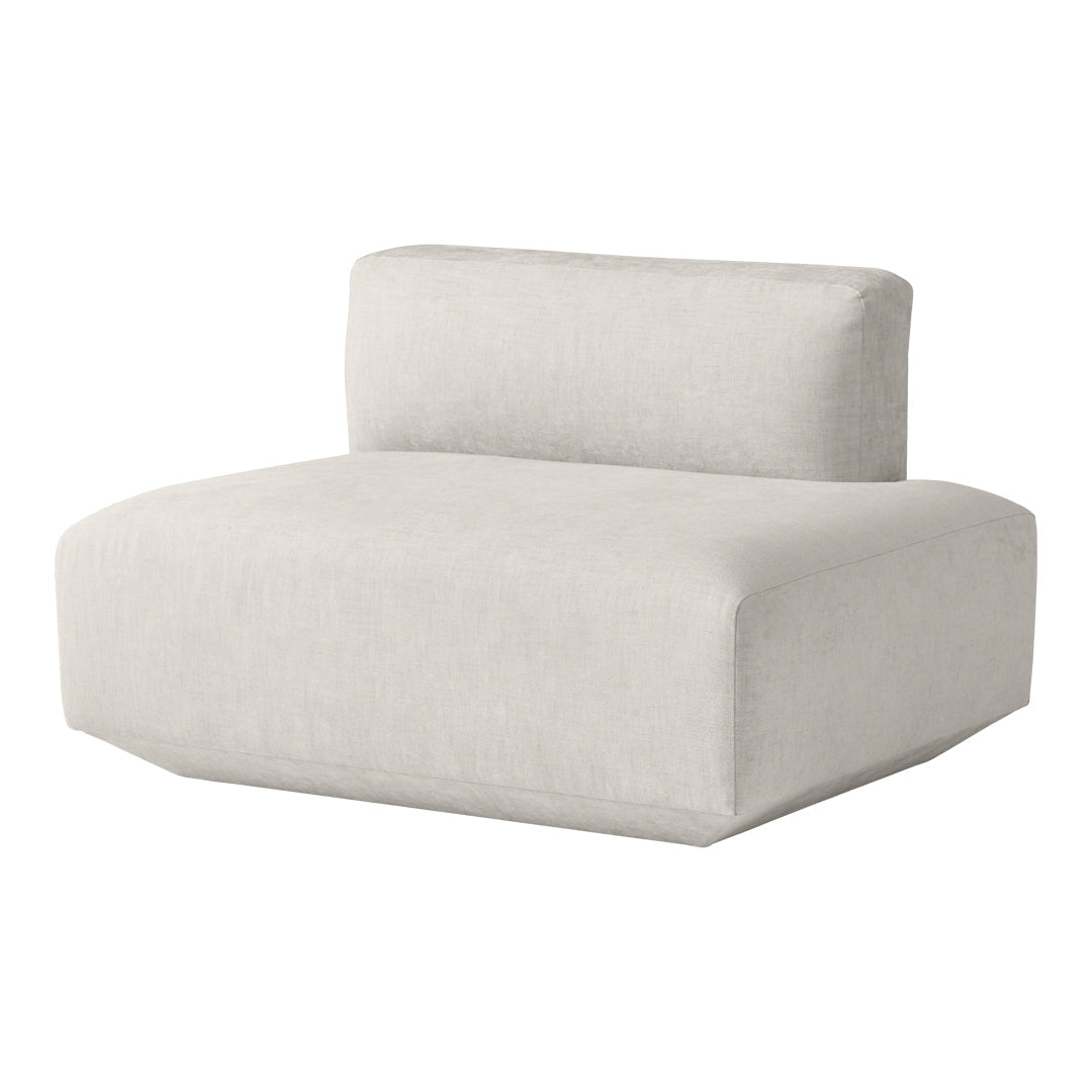 Soft, light beige upholstered chair with clean, modern lines and minimalistic design, perfect for any decor.