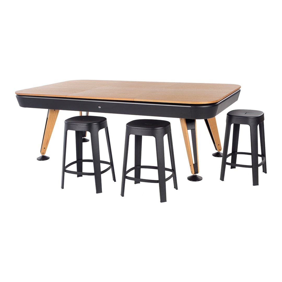 Modern black bar stools paired with a sleek wooden tabletop, featuring a smooth finish and warm natural tones.