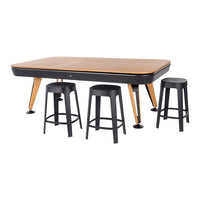 Modern black bar stools paired with a sleek wooden tabletop, featuring a smooth finish and warm natural tones.